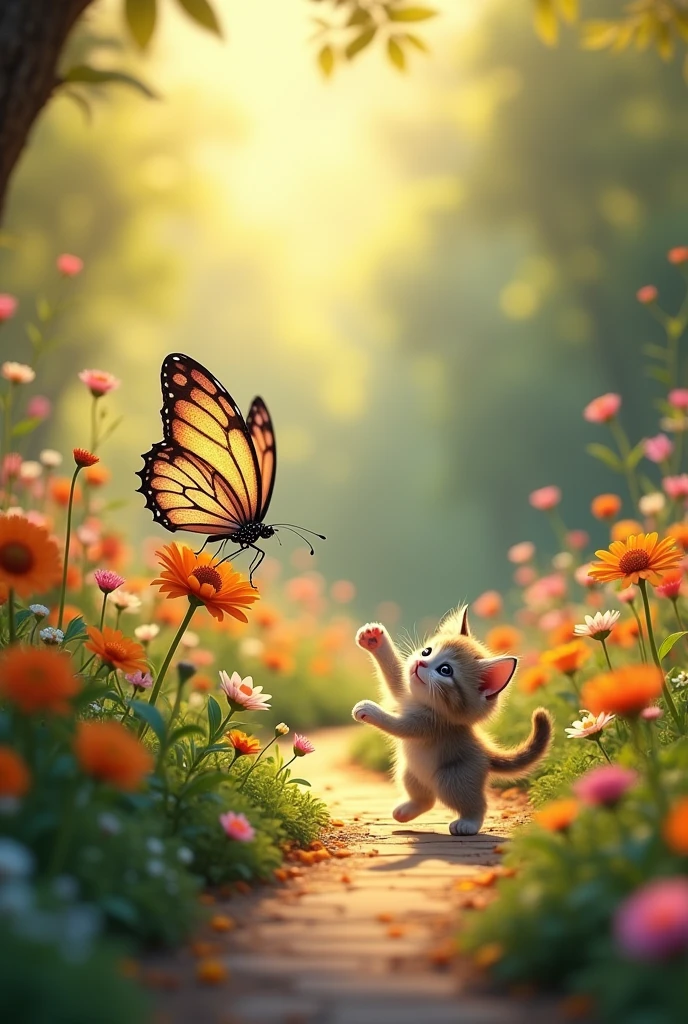 Butterfly on the flower path々Kitten playing with
