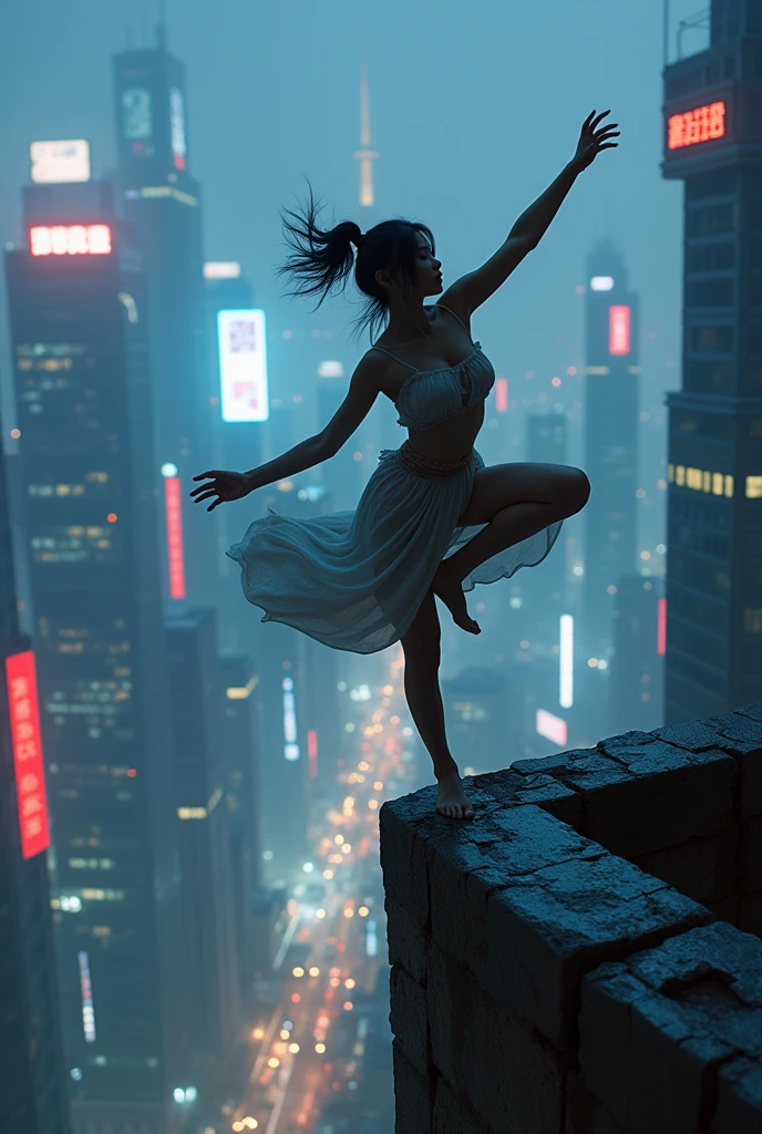photo-realistic, dramatic scene, cinematic scene, masterpiece, (extremely beautiful Japanese boyish fat girl), professional dancer, full body, acrobatic pose, dynamic angle, breakdancing at the top of the tallest building, on the dangerous edge, amazing view of cyber punk skyscrapers, her brilliant fantastic dance techniques, spot light