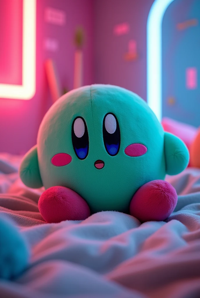 Cute green kirby plushie with a pouting expression it, while laying on a bed with a neon style background