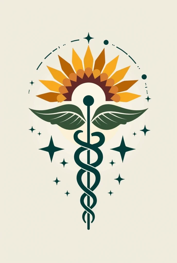 A logo for a medical clinic, mixing the symbol of Hermes' caduceus with sunflower, and the stars of the Southern Cross constellation. vector style, simple colors and shapes, simple strokes, solid colors.