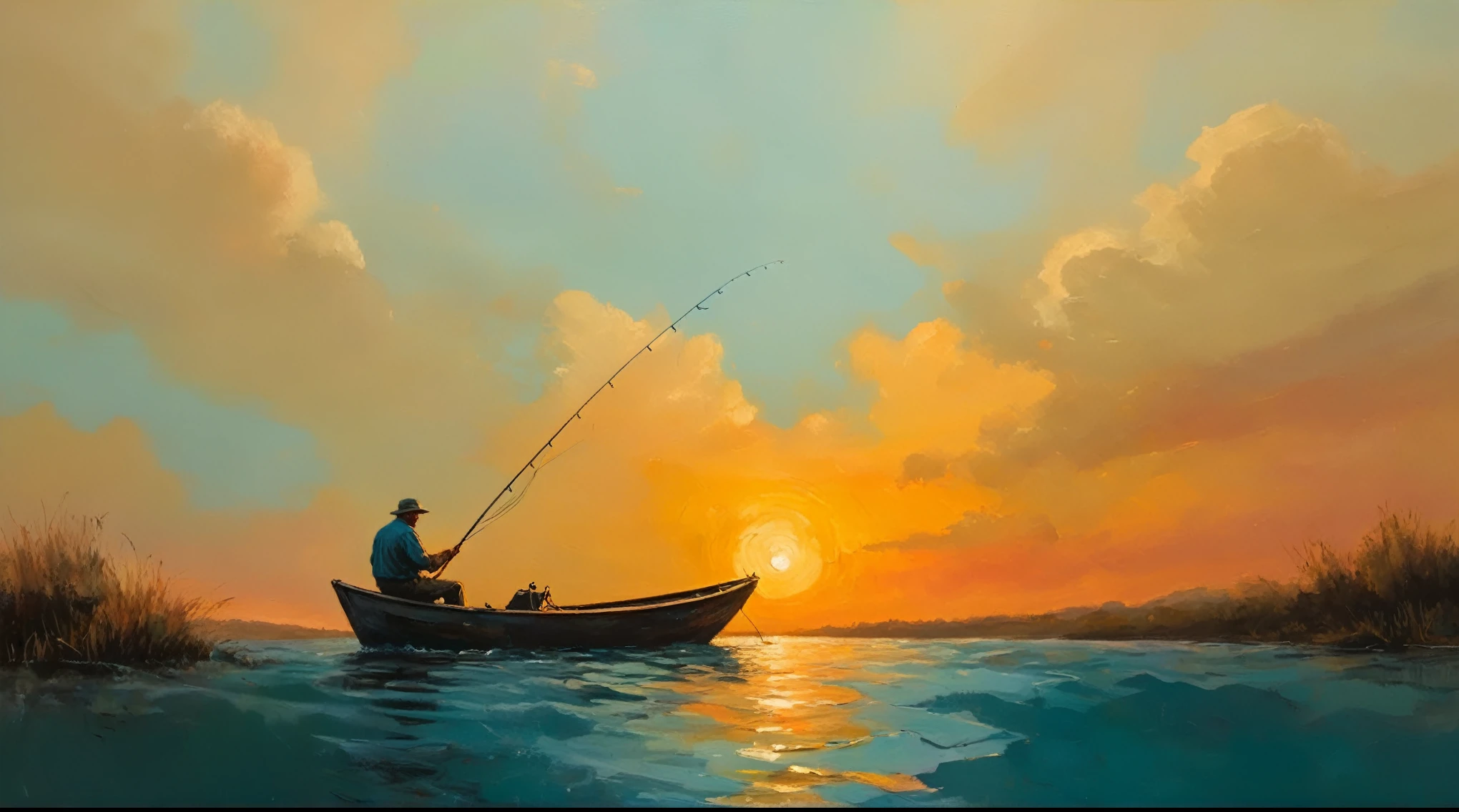 painting of a man fishing in a boat at sunset, ( a man fishing on a boat) a thick textured oil painting, impasto brushstrokes, dry brushing,revealing underlayers, abstract landscape, moody lighting, dramatic shadows, muted earthy colors, vibrant colors, highly detailed, masterpiece,