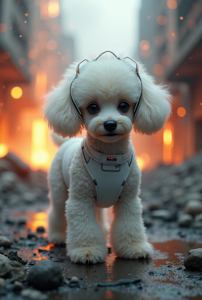 ((Highest quality)), ((masterpiece)), ((Realistic)), (detailed), (photoRealistic:1.5), Future,A baby white toy poodle with a cute face and round ears, (White bodysuit), Ears are short and rounded,Lights on Armor, Cybernetic Headwear, View your viewers,  Blowing in the Wind, Post-apocalyptic, Destroyed city background, The building is on fire, sf, High resolution,  Super Resolution, Unreal 5, Scattered beneath the surface, PBR Texturing, Post-processing, Anisotropic Filtering, Depth of written boundary, Maximum clarity and sharpness,  8K RAW, (Luminous Particles:1.4), (extremely detailed cg, unity 8k wallpaper, 3d, Cinema Lighting, Lens flare), reflection, Sharp focus, Cyberpunk art, 