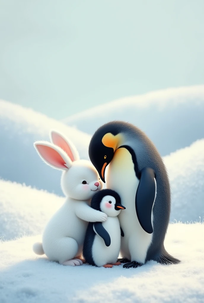 white rabbit and small penguin is hug mother penguin 
ai image in the snow