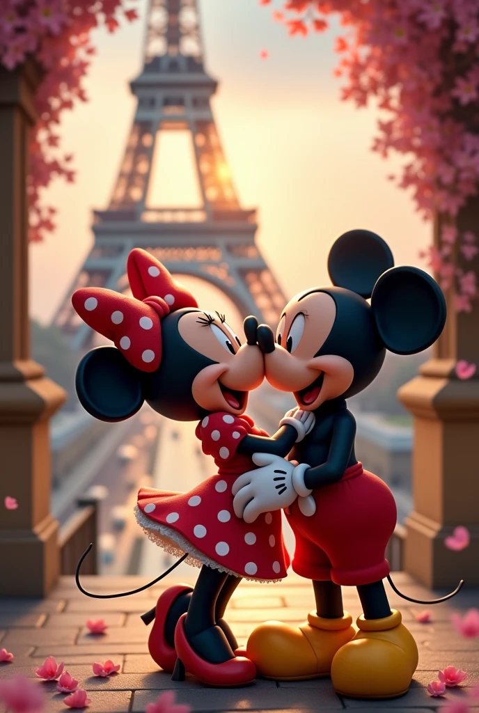Minnie Mouse kissing Mickey Mouse with the Eiffel Tower in the background

