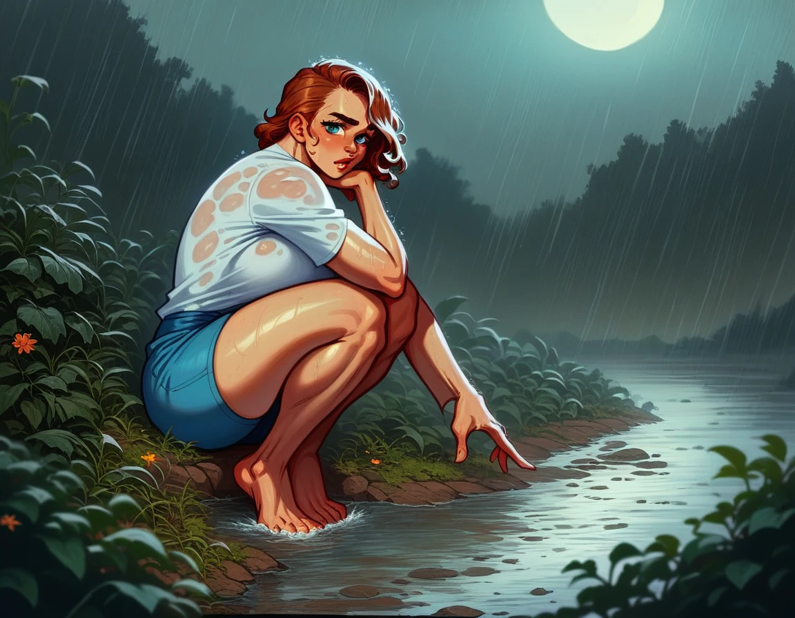 (1 girl) (masterpiece, best quality) (woman in a colorful graphic designer t shirt) (sitting on a lake beach), , , , (stormy dark sky, raining) , extreme detail
((Melancholy emotions:1.4)), , large dark eyebrows wide chin
(Breasts covering entire torso) ((full body picture)) ((safe for work:1.3) ((large breasts covered by shirt)), art by norman Rockwell, white bra visible through clothes,