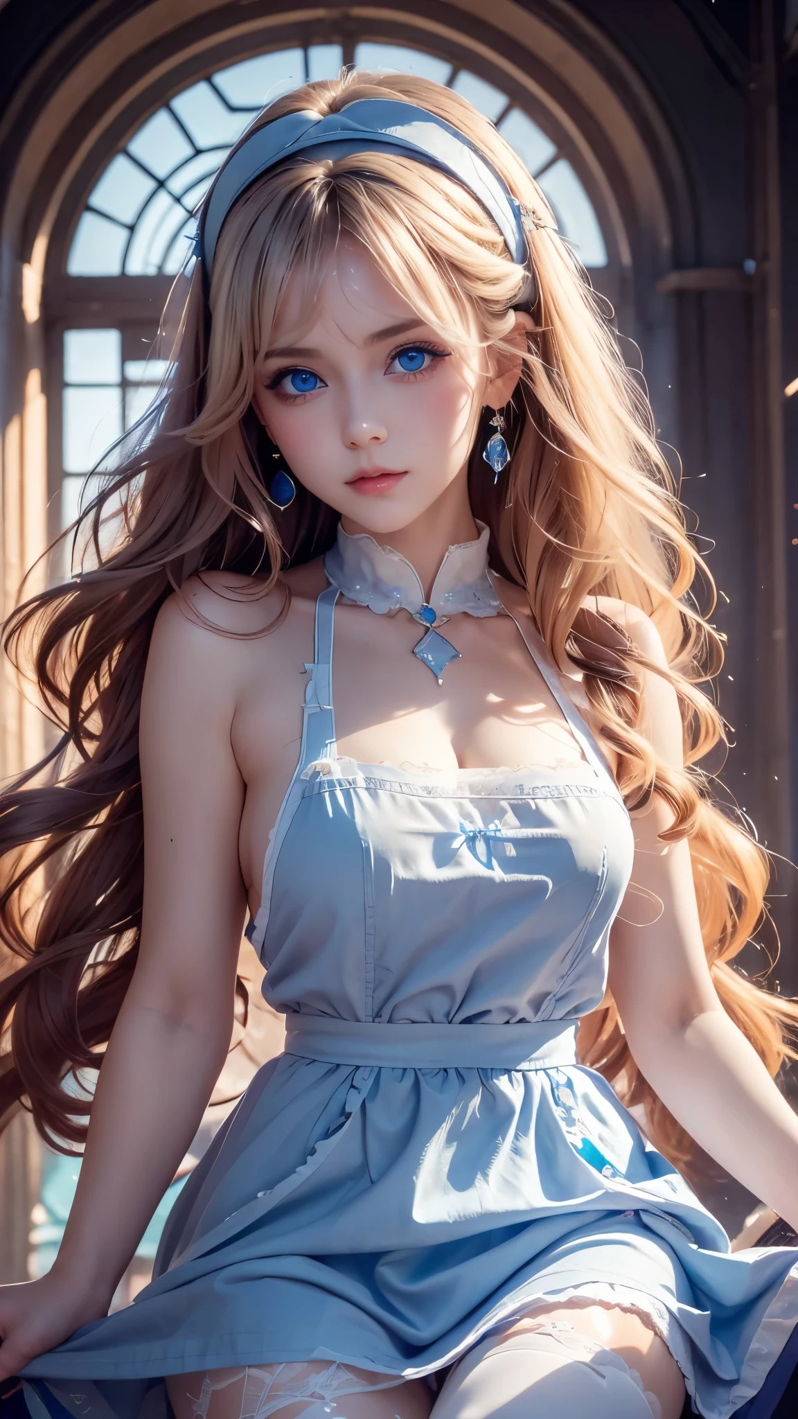 1girl, solo,blue eyes, blue dress, white pantyhose, apron, black hairband, blonde , ,zPDXL3,SimplePositiveXLv2, detail1eye, looking at viewer