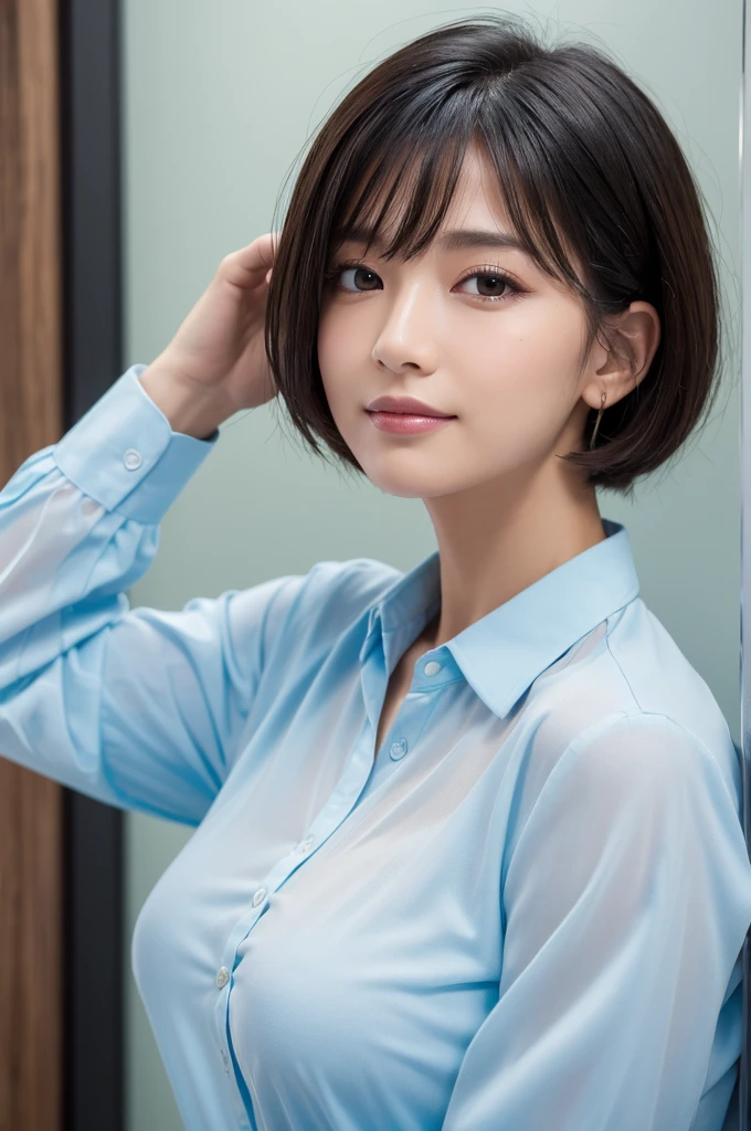 (Highest quality, 8k, masterpiece: 1.3)), concentrated: 1.2, Perfect Body Beauty: 1.4, ((Layered Haircut,Small breasts : 1.2)), (Glass Wall 1.3), (Blue see-through shirt: 1.3) ,valley, A shy smile,Highly detailed face and skin texture, (Beautiful, clear black eyes:1.3), double eyelid ,White skin, medium brown color hair, golden ratio, (shut up: 1.3),