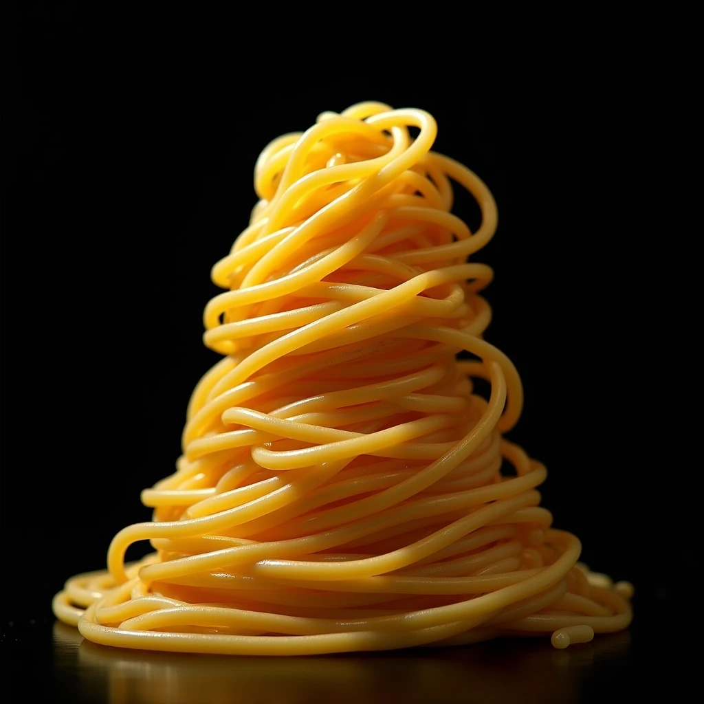 Photograph, a large pile of cooked spaghetti, on a solid black background, studio lighting, cinematic, sharp, high details
