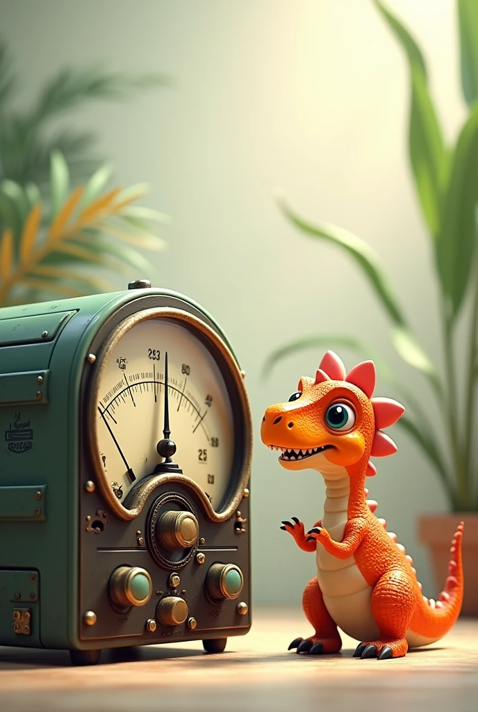 Create a picture of a wattmeter with a very cute dinosaur next to it 