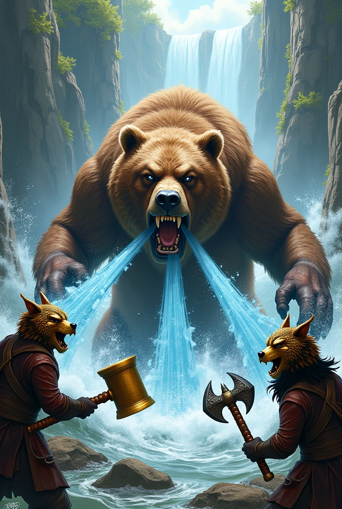 the taming.io game draw me a bear that throws strong water that can destroy and a person dodging attacks them one person has a gold hammer and another who has a diamond sword mounted on a horse and also a person with 2 axes together attacks the dangerous bear that kills with its water power and is furious because the bear attacks it and all the people have a fighting mask and they are animal masks