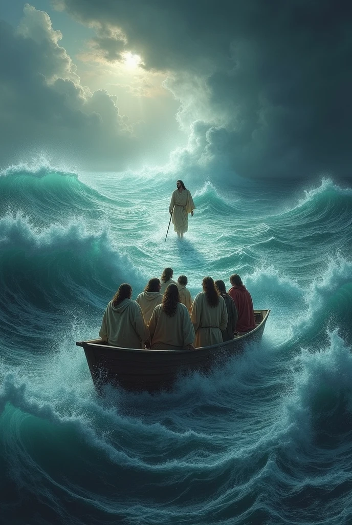A strong storm with strong winds and waves, a boat with eleven men who looked like Nazirites, Jesus comes walking on the water towards the boat and another man with him at his side.