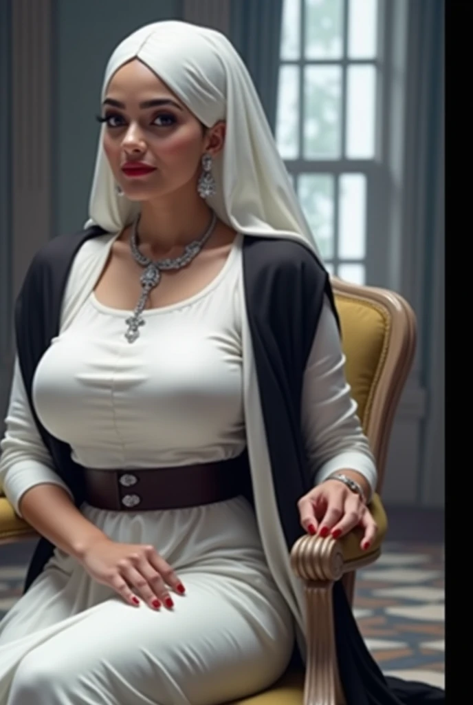 6 ft big breasted average beautiful sri lanakan wealthy age 25 girl in maharani dress. Wearing Academic regalia.well educated.sit in chair with massive big , big butt