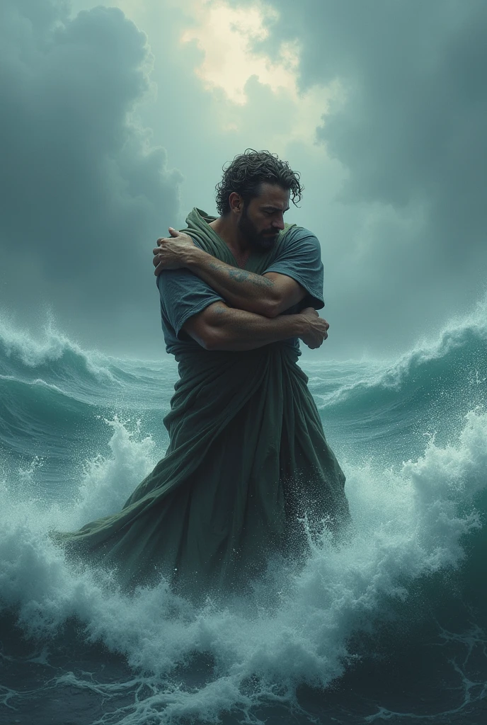 Create an image of a man hugging himself, in a storm in the middle of the ocean.