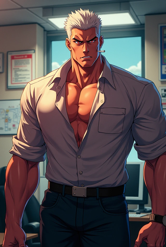 game anime style 2d art high quality of man with white short hair and red eyes, muscular body, office style, in smoking, stern face, bright skin