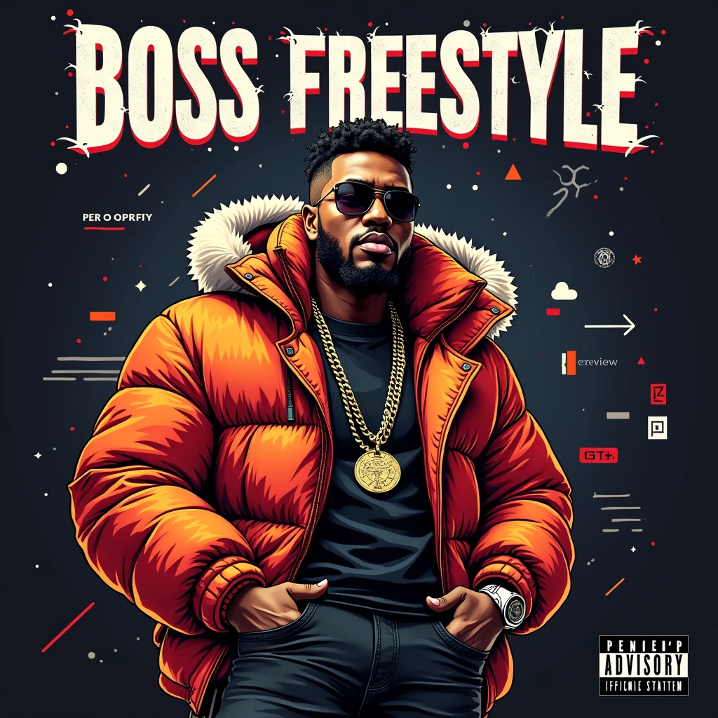 colored album art, hip hop music album cover, rap album cover, Boss Freestyle 써줘, Black background,