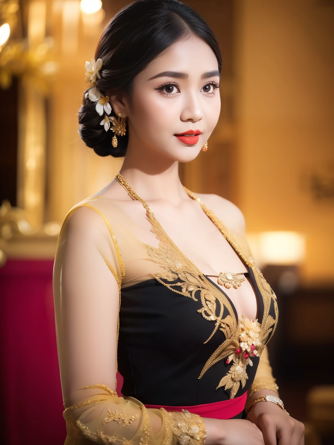 photography, gadis_jelita, portrait of woman wearing kebaya_bali in black long kebaya dress traditional, red lipstick, golden necklace, earrings, ornate, detail, flowers, blurry background, soft focus