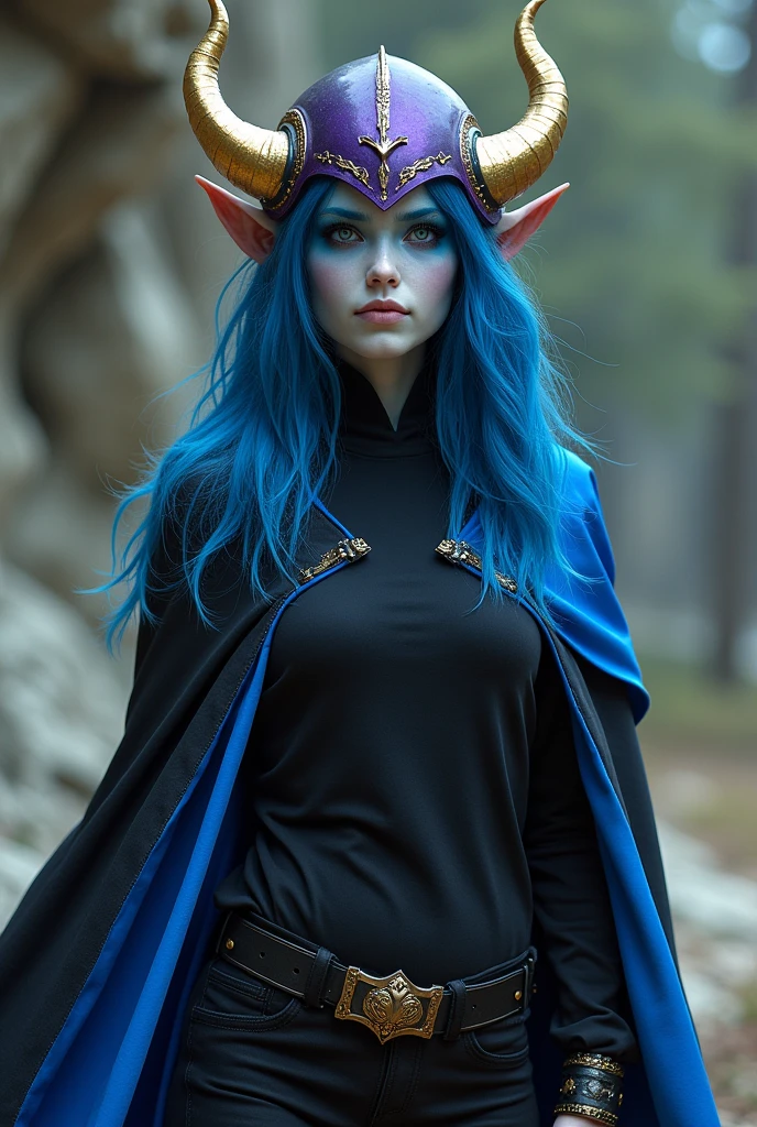 Black face blue hair , golden horns , purple helmets white skin black shirt black pants with blue and black cape man 

