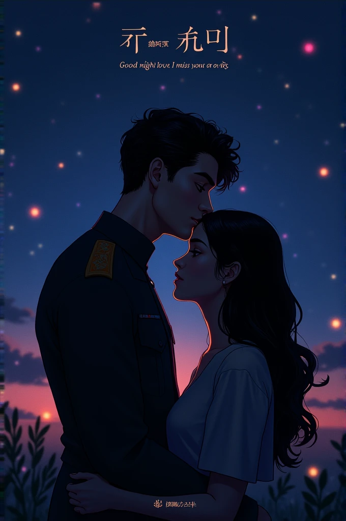 Imagine the silhouette of a couple hugging each other tenderly, the man kisses her forehead, He has very little hair, clear and curly hairline at temple, military court. She is a dark-haired brunette. The background many colorful stars. A message in Spanish that says: "good night, love. I miss you a lot. 😘"