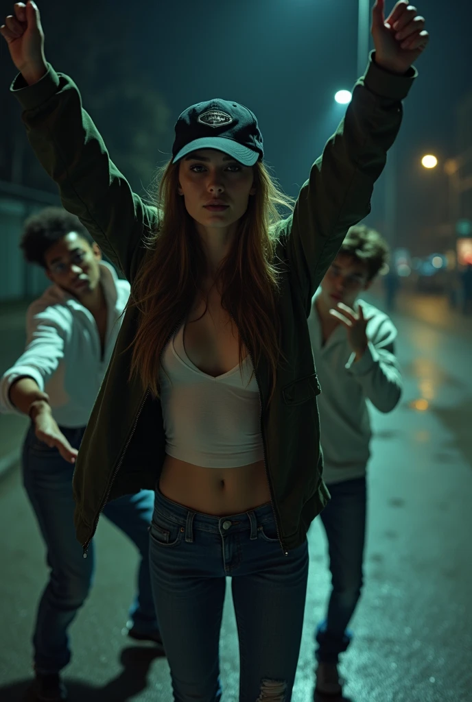 Create a night photo of a 30 year old woman, with a slender and beautiful body, wearing a green jacket, jeans and a black cap, with white and clear skin, with long light brown hair, with arms raised high, while his shirt is being taken off by a teenager with dark black skin, homely, Scrawny, mic, who is wearing a white shirt and jeans and while his pants are being pulled down by another teenager with dark black skin, homely, Scrawny, mic, who is wearing prescription glasses and wearing white shirts and jeans in a square.