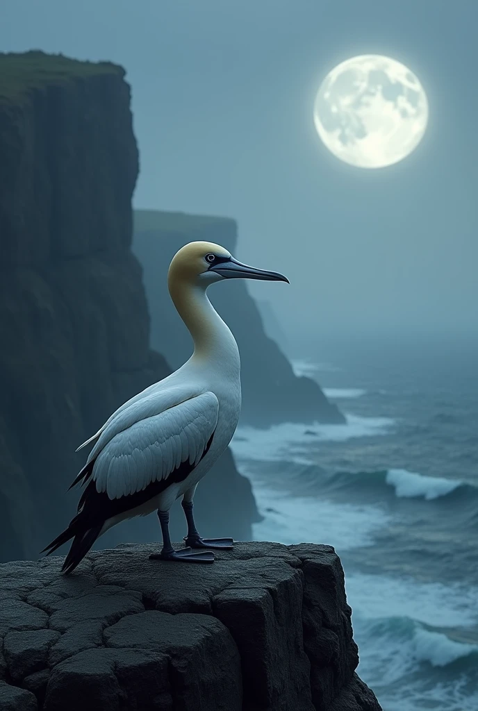 1 gannet standing on a cliff near the sea with the full moon