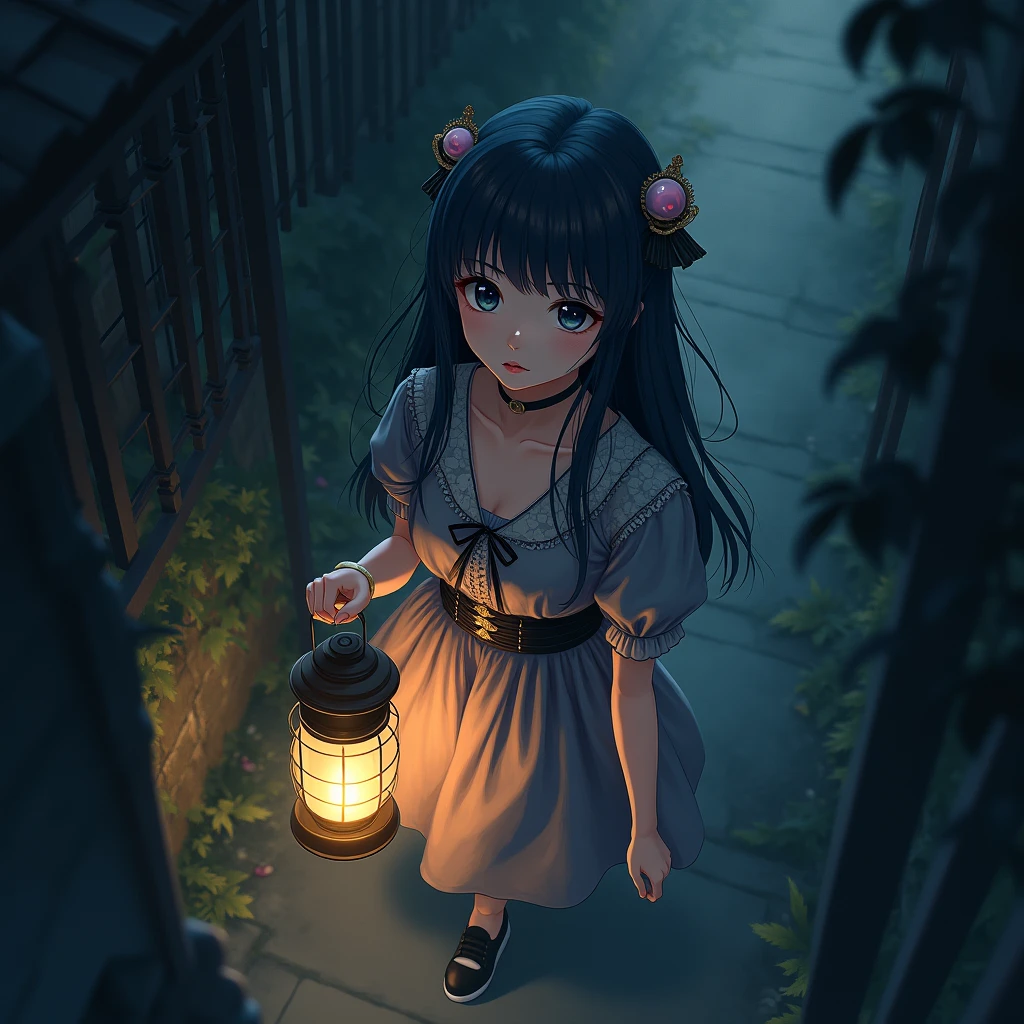 Anime girl ilustration, darknest, bring a lantern, top angle camera