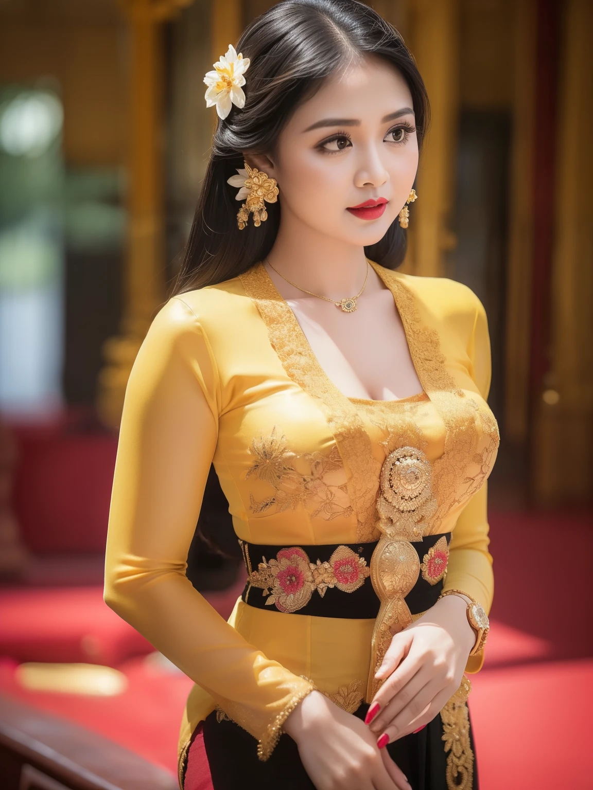 photography, gadis_jelita, portrait of woman wearing kebaya_bali in black long kebaya dress traditional, red lipstick, golden necklace, earrings, ornate, detail, flowers, blurry background, soft focus