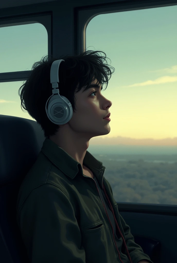 A young man listening to music on a bus in the left seat, close-up side view looking out the window at the horizon