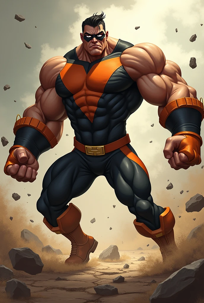 Pepaya superhero Malaysia man.mullet hairstyles .Man small thin bicep. popeye big forearm Wear domino black mask reverse. Wear black Oren jumpsuit singlet. Giant big forearm. Big fire arm. . One hand Punch the road cracking. Floating small rock.human Landing pose. Wear boots ((real giant big forearm))