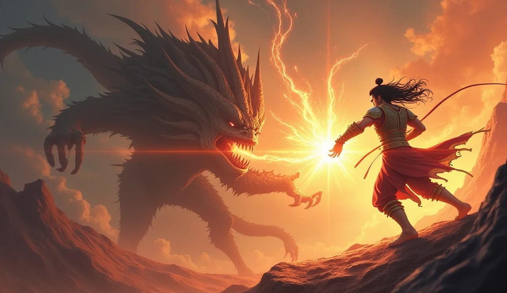 In 3D animation style:An intense battle scene where Arjun uses the amulet's light to fight the demon. The demon recoils in pain as the amulet shines brightly.