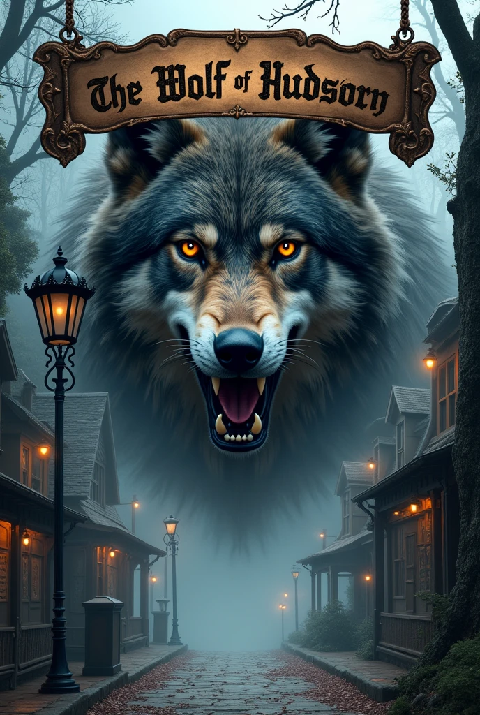 A wolf&#39;s head directly below! the village of hudson ny as front view, inside a banner with the writing “The Wolf of Hudson” 