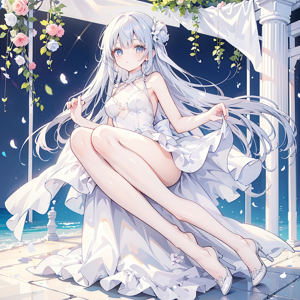 A girl, Wearing a wedding dress, White Wedding Dress, whole body, Slim, Long legs