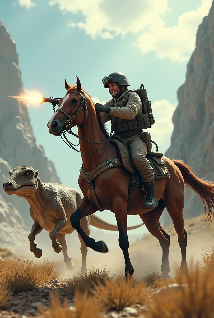 Military horse riding a cow while shooting at a flock of T-Rex