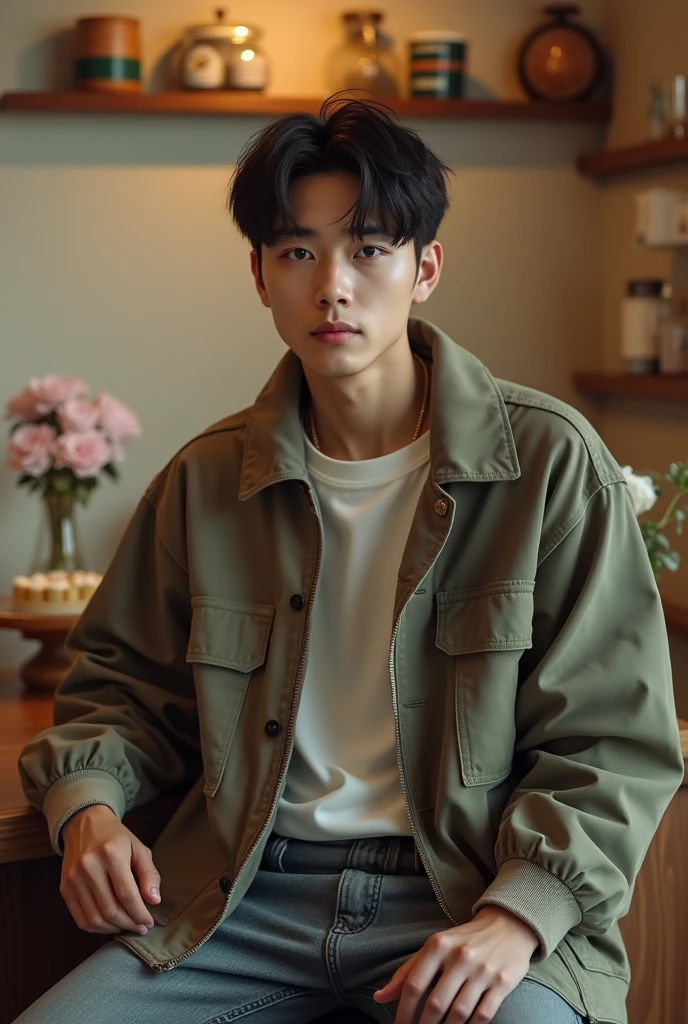 Handsome Korean man, white skin, well-groomed face. hip-hop style sitting posing in a coffee shop. Simple coffee shop background, cake. food,
