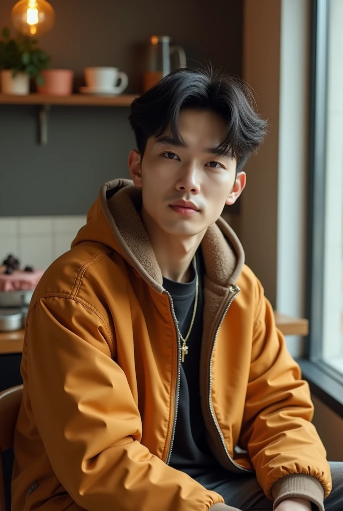 Handsome Korean man, white skin, well-groomed face. hip-hop style sitting posing in a coffee shop. Simple coffee shop background, cake. food,