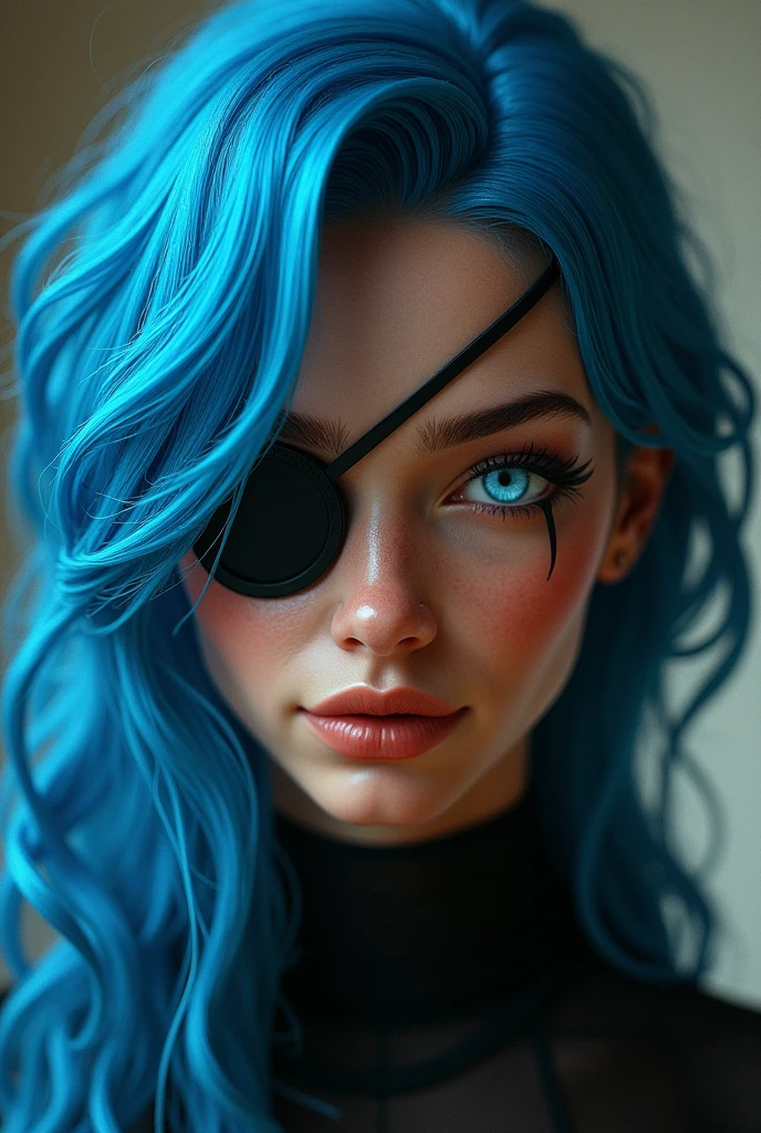 woman with blue hair with waves, an eye patch, the other with white iris and cinnamon-colored brown skin
