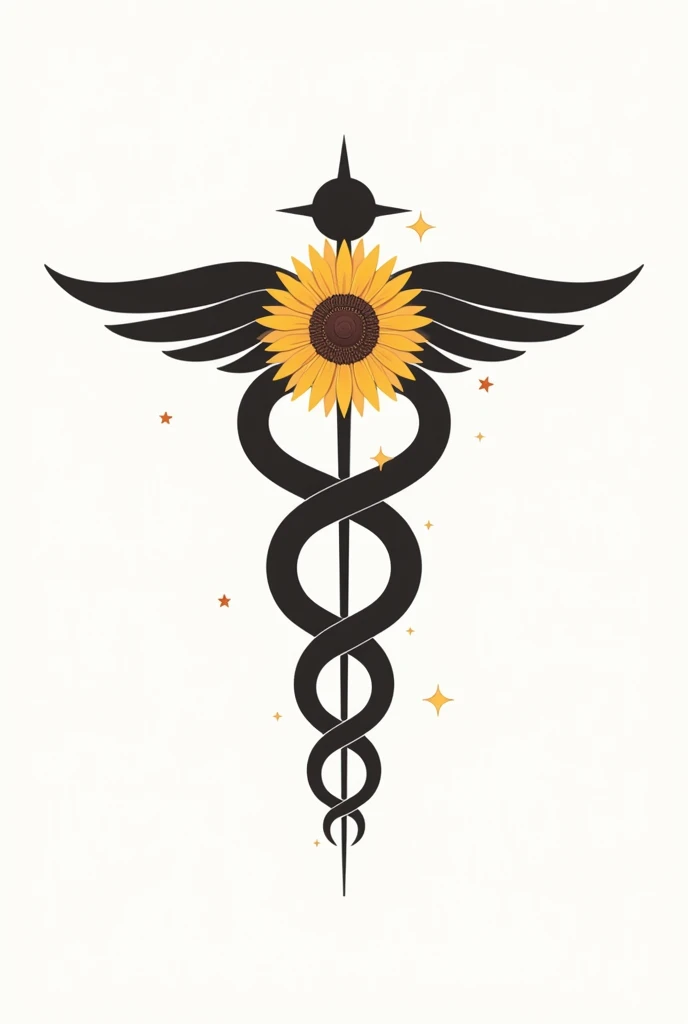 A logo for a medical clinic, mixing the symbol of Hermes' caduceus with sunflower, and the stars along the caduceus in the vertical of the southern cross constellation. vector style, simple colors and shapes, simple strokes, solid colors.