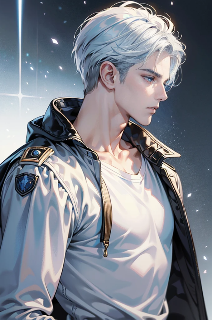 (masterpiece, High resolution, Ultra-detailed:1.0), (1male, male face), Perfect male body, adult male, Delicate eyes and delicate face, Extremely detailed CG, complicated details, detailed face, (white hair with blue highlights, blue eyes, messy hair, calm face, White T-shirt, black leather jacket), simple background, color difference, depth of field, dramatic shadow, ray tracing, Best Quality, cinematic lighting, official art, profile portrait.