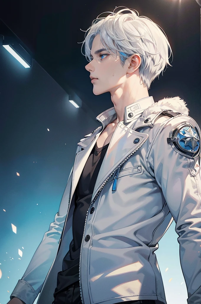 (masterpiece, High resolution, Ultra-detailed:1.0), (1male, male face), Perfect male body, adult male, Delicate eyes and delicate face, Extremely detailed CG, complicated details, detailed face, (white hair with blue highlights, blue eyes, messy hair, calm face, White T-shirt, black leather jacket), simple background, color difference, depth of field, dramatic shadow, ray tracing, Best Quality, cinematic lighting, official art, profile portrait.