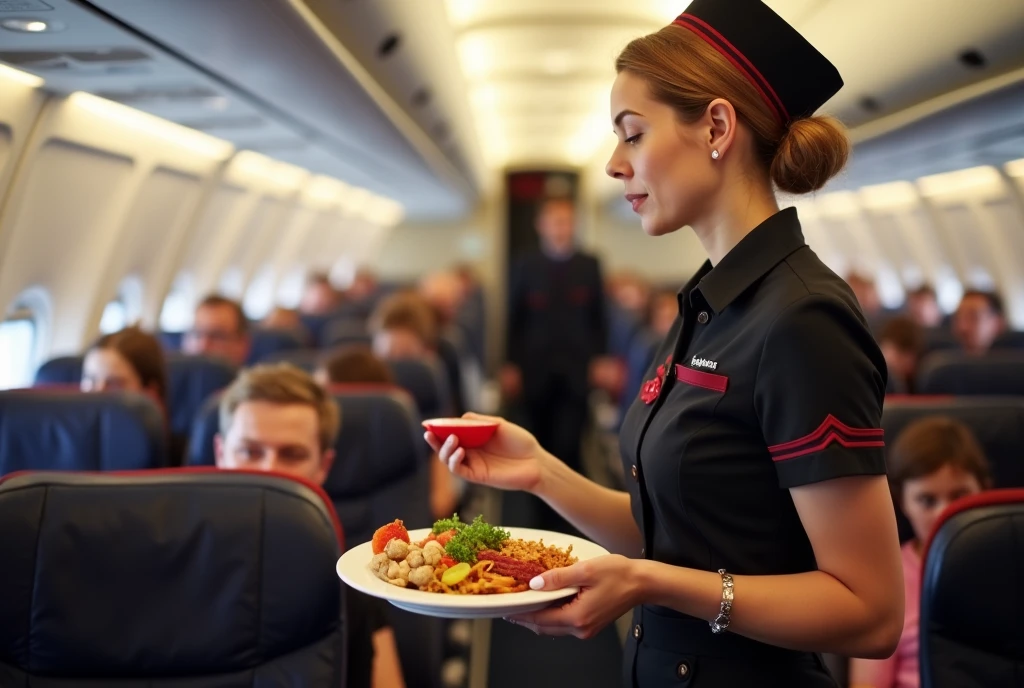 Air hostess serve food to passenger