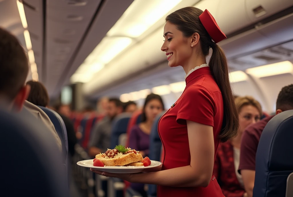 Air hostess serve food to passenger