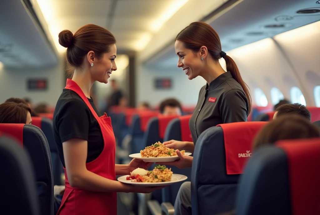 Air hostess serve food to passenger