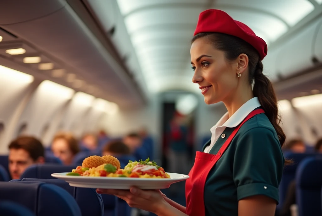 Air hostess serve food to passenger