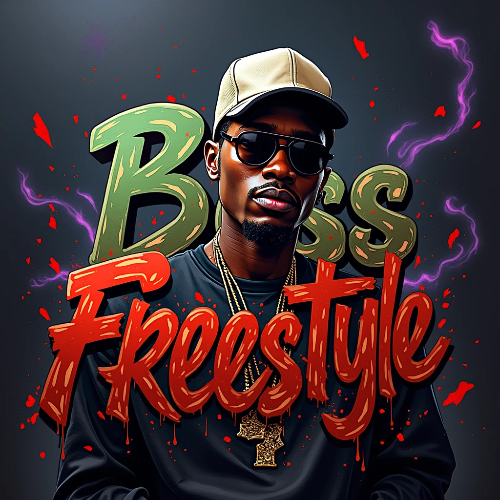 
colored album art, hip hop music album cover, rap album cover, Boss Freestyle 써줘, Black background