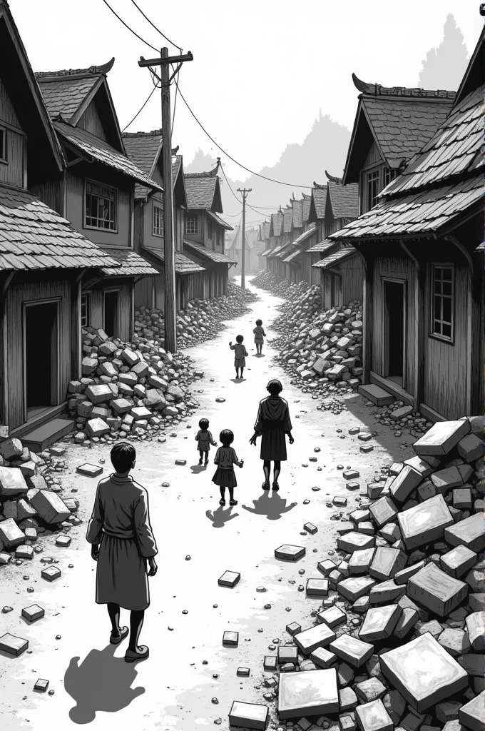 A small village destroyed. Do it in manga style