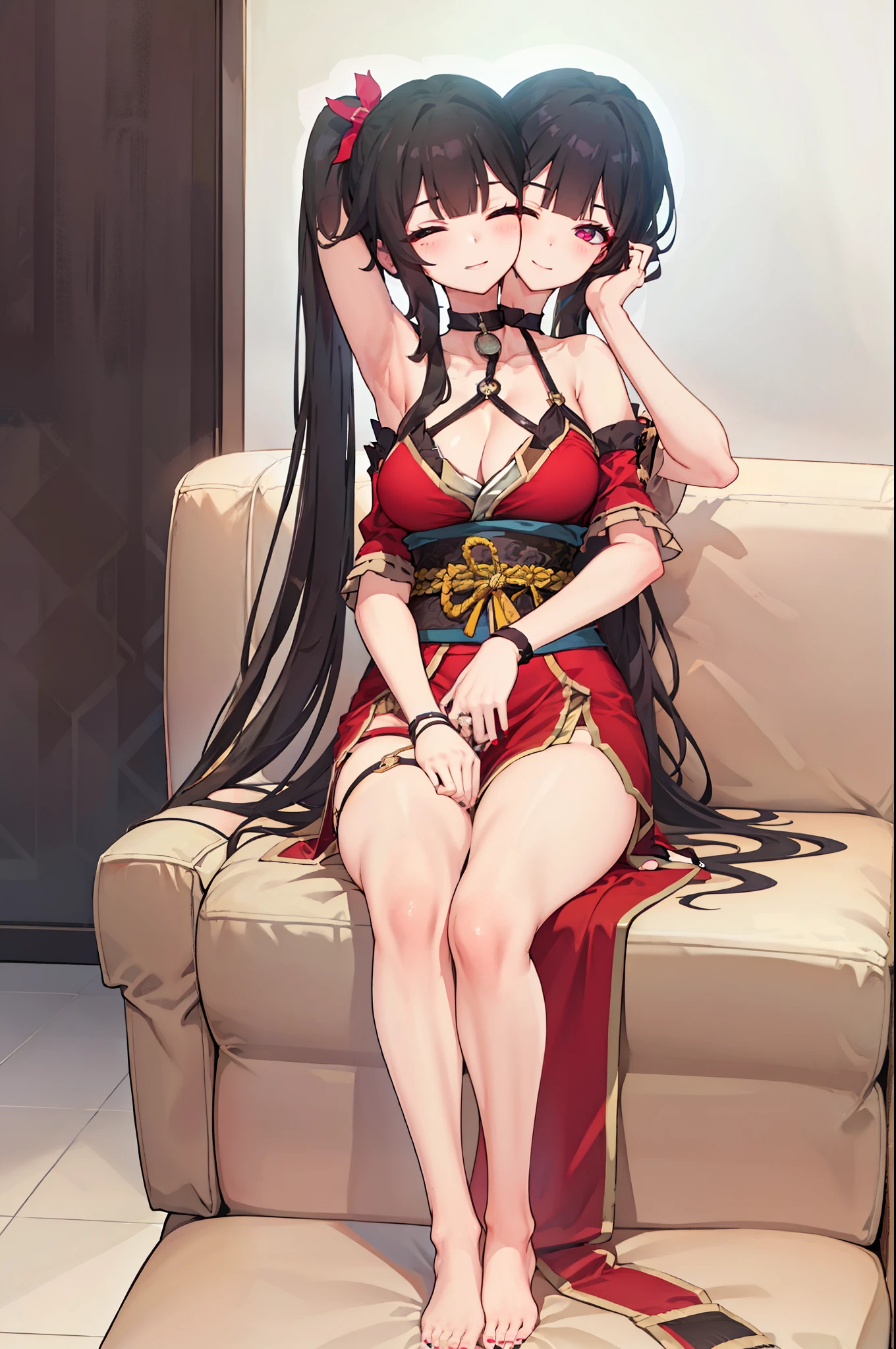 (2 heads:1.3), 1 woman, Sparks \(Honkai: Star Rail\), Twintail, hair accessories, alone, Off shoulder kimono, black nails, Mask on the head, Arms separated, choker, heart, Single gloves, Wristband, Hanging rope across, thigh strap, smileที่พอใจ, sitting on the sofa, cross your legs., cross your legs,  Look at the viewer., Barefoot, living room, Masterpiece, illustration, beautiful, 4K, 8ก,DSLR Photos, (8ก, 4K, Masterpiece),(Masterpiece, best quality), best resolution, (3 heads:1.5),Arms separated,arm circle, (Put your hands on your head....), (lower hand on ankle), (lower hand on leg), Full content in the frame, full body view, (four arms),(Multi-arm),(many hands), รูปร่างเพรียวบาง Masterpiece,best quality,best resolution,1 woman,many heads, upper body, smile,  Facing the audience,big breasts,simple background,หน้าbeautiful,ผมbeautiful,ดวงตาbeautiful,ร่างกายที่beautifulงาม,มือbeautiful,conjoined twins