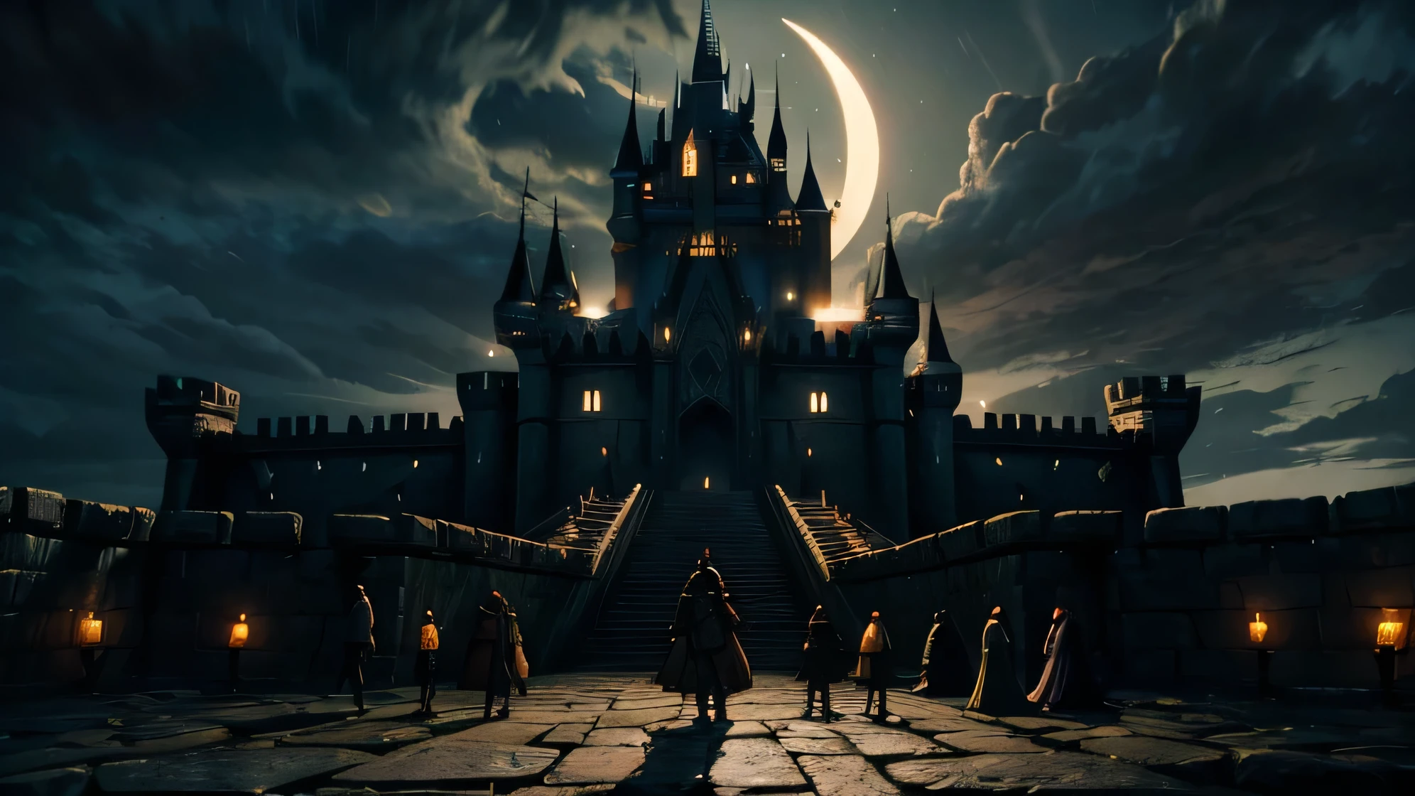 "A chaotic night scene at Hyrule Castle with people in a state of confusion and panic. The castle's towering walls are partially illuminated by the eerie glow of fires and torches. Shadows stretch across the stone floors as guards and inhabitants run frantically, their faces etched with fear and urgency. Some are shouting and pointing, while others scramble to find safety. The sky above is dark and foreboding, with ominous clouds obscuring the moon. The atmosphere is filled with tension and disorder as the castle is thrown into turmoil."