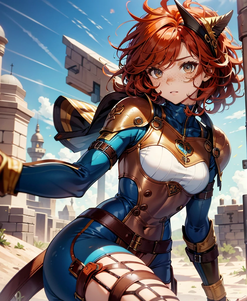 highest quality，T Masterpiece，final solution，Fluffy，Very colorful, (petite body figure),(small breasts),mature woman，copper red hair,  curly hair,  brown eyes, short hair, freckles,  blue fight combat uniform，tight suit, desert, Legs