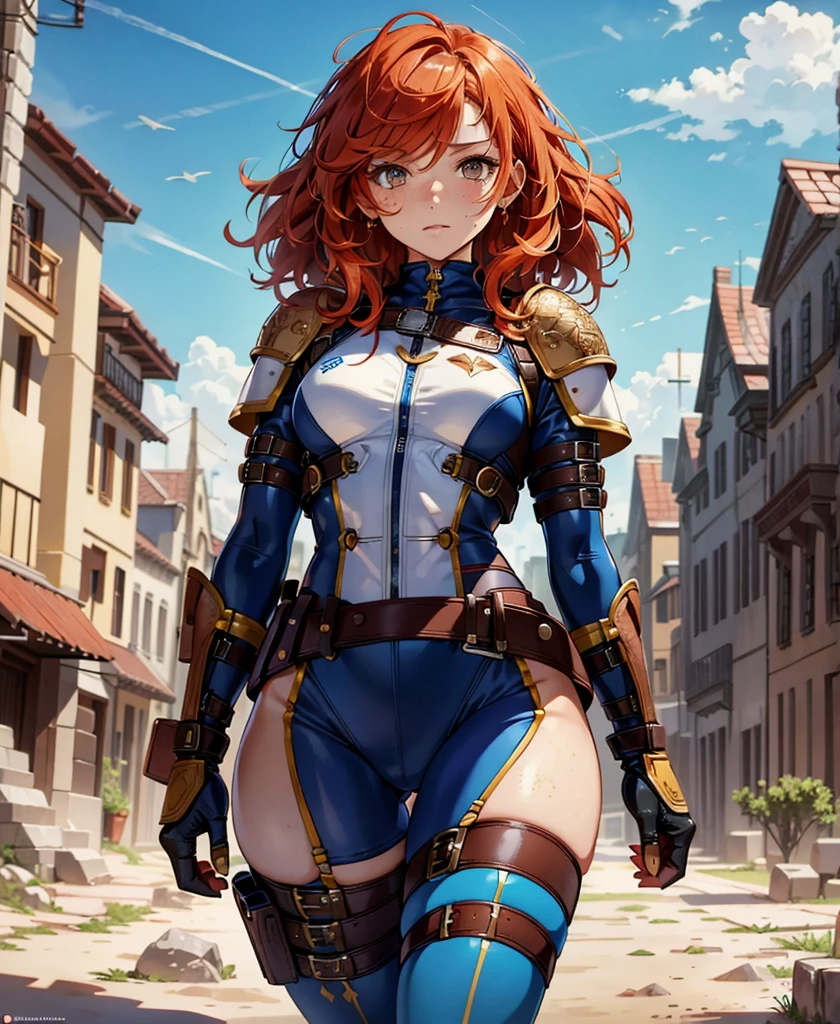 highest quality，T Masterpiece，final solution，Fluffy，Very colorful, (petite body figure),(small breasts),mature woman，copper red hair,  curly hair,  brown eyes, short hair, freckles,  blue fight combat uniform，tight suit, desert, Legs