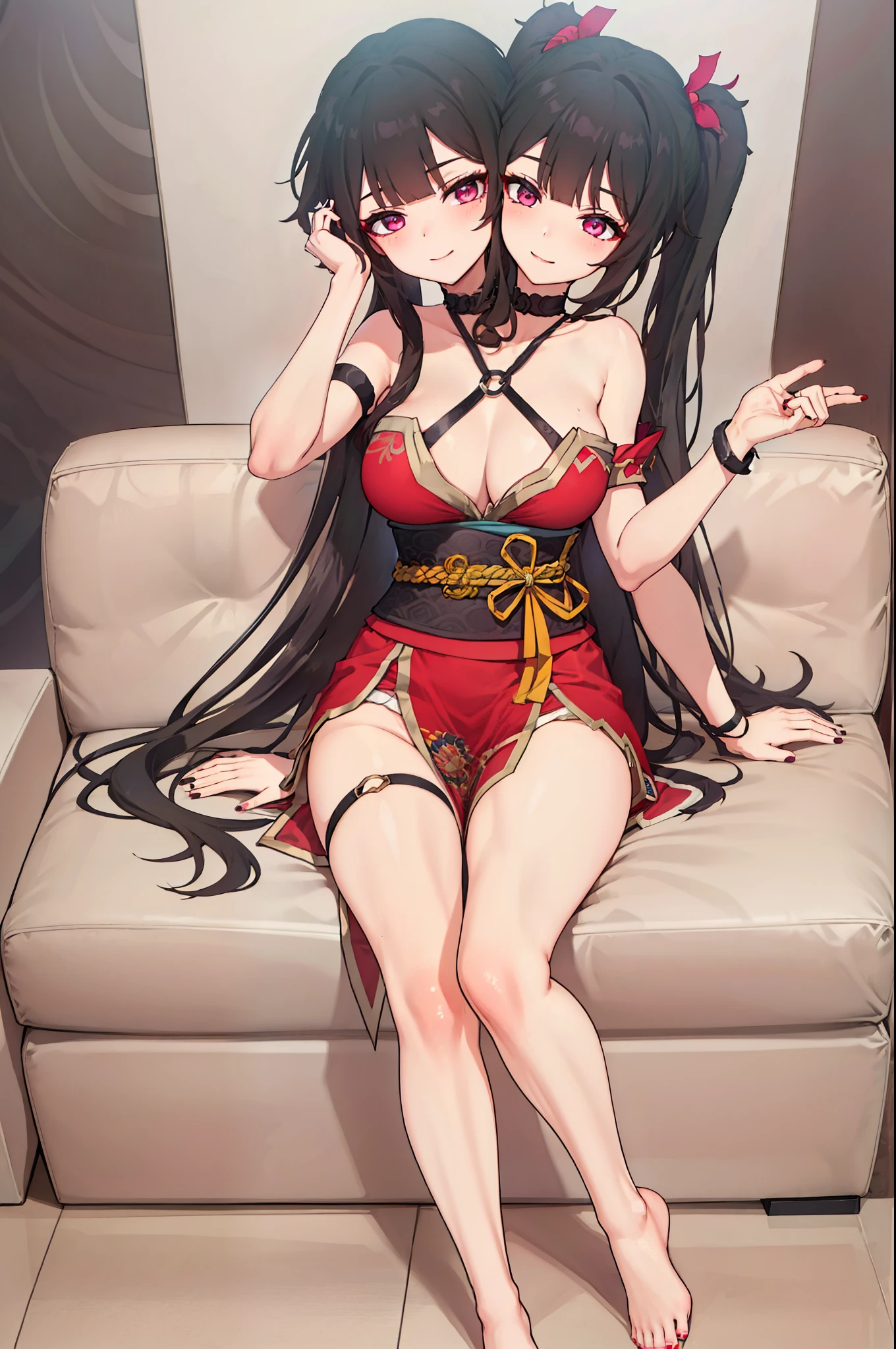 (2 heads:1.3), 1 woman, Sparks \(Honkai: Star Rail\), Twintail, hair accessories, alone, Off shoulder kimono, black nails, Mask on the head, Arms separated, choker, heart, Single gloves, Wristband, Hanging rope across, thigh strap, smileที่พอใจ, sitting on the sofa, cross your legs., cross your legs,  Look at the viewer., Barefoot, living room, Masterpiece, illustration, beautiful, 4K, 8ก,DSLR Photos, (8ก, 4K, Masterpiece),(Masterpiece, best quality), best resolution, (3 heads:1.5),Arms separated,arm circle, (Put your hands on your head....), (lower hand on ankle), (lower hand on leg), Full content in the frame, full body view, (four arms),(Multi-arm),(many hands), รูปร่างเพรียวบาง Masterpiece,best quality,best resolution,1 woman,many heads, upper body, smile,  Facing the audience,big breasts,simple background,หน้าbeautiful,ผมbeautiful,ดวงตาbeautiful,ร่างกายที่beautifulงาม,มือbeautiful,conjoined twins