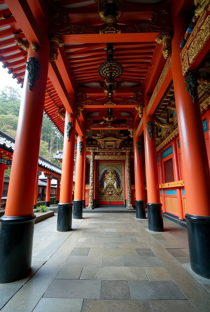 Depicts the sculptures and decorations around the main hall of Fushimi Inari Taisha Shrine。On the outer wall of the main hall、The detailed carvings are、It creates a sacred atmosphere。The sculptures depict scenes from myths and legends.、It has an intricate design。Also、The decoration is beautifully decorated with gold and red.、It creates a luxurious and mysterious atmosphere.。In harmony with the surrounding nature、It offers a quiet and solemn atmosphere
